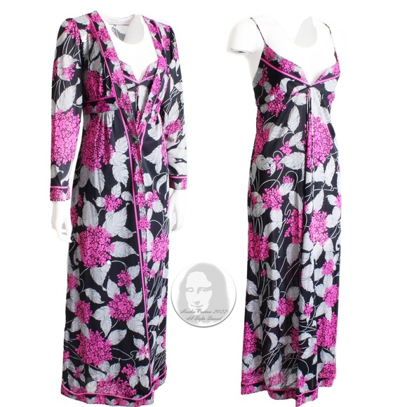 Vintage Emilio Pucci Nightgown & Robe Set 2pc Loungewear EFPR Jet Set 1970s M